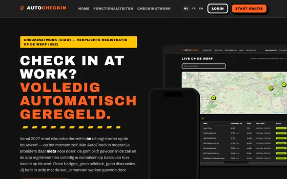 Startpagina van AutoCheckIn (autocheckin.be), vastgelegd op 21 oktober 2026
