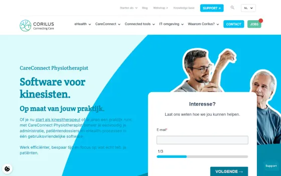 Page d’accueil de CareConnect Physiotherapist (corilus.be), capturée le 21 octobre 2026