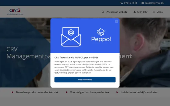 Page d’accueil de CRV Managementpakket (crv4all.be), capturée le 21 octobre 2026