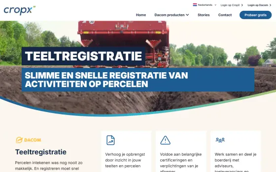 Page d’accueil de Dacom Teeltregistratie (cropx.nl), capturée le 21 octobre 2026