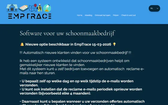 Startpagina van EmpTrace (emptracesoftware.com), vastgelegd op 21 oktober 2026