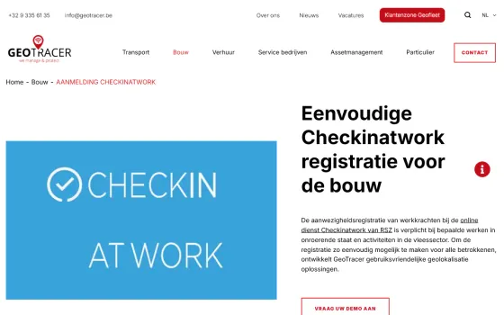 Startpagina van Geotracer Check in @ work (geotracer.be), vastgelegd op 21 oktober 2026