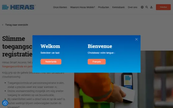 Startpagina van Heras Smart Access (heras-mobile.be), vastgelegd op 21 oktober 2026