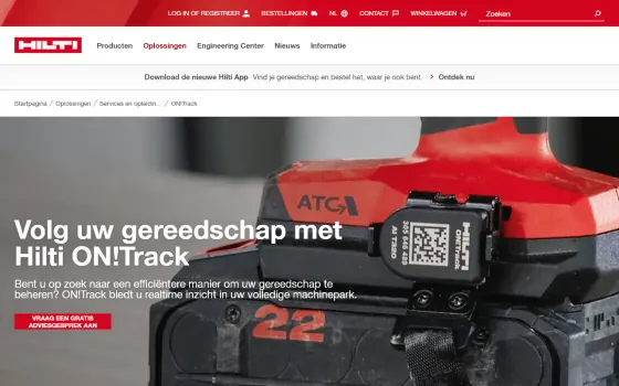 Page d’accueil de Hilti ON!Track (hilti.be), capturée le 21 octobre 2026