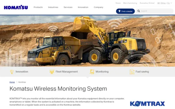 Page d’accueil de Komatsu Komtrax (komatsu.eu), capturée le 21 octobre 2026