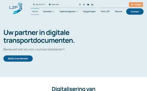 Startpagina van Logistiek Zonder Papier (LZP) (lzp.nl), vastgelegd op 21 oktober 2026