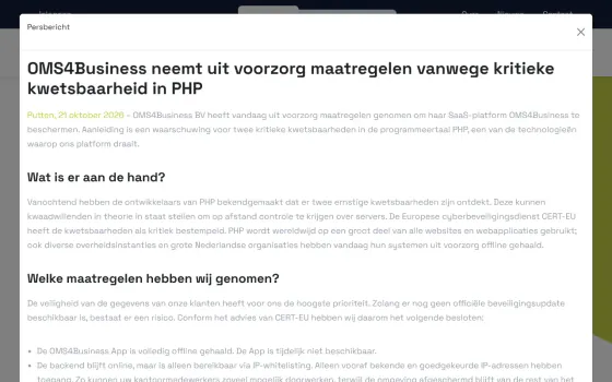 Page d’accueil de OMS4Business (oms4business.com), capturée le 21 octobre 2026