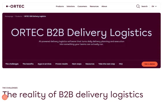 Startpagina van ORTEC B2B Delivery Logistics (ortec.com), vastgelegd op 21 oktober 2026