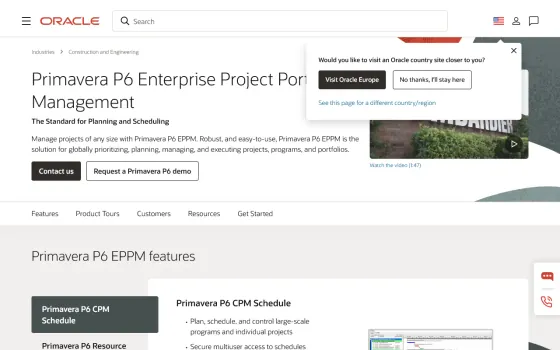 Startpagina van Oracle Primavera P6 (oracle.com), vastgelegd op 21 oktober 2026