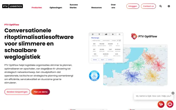 Startpagina van PTV OptiFlow (ptvlogistics.com), vastgelegd op 21 oktober 2026