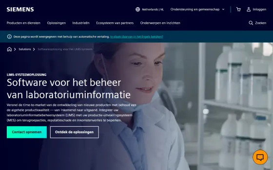 Startpagina van Opcenter Laboratory (siemens.com), vastgelegd op 21 oktober 2026