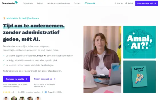 Startpagina van Teamleader Focus (teamleader.eu), vastgelegd op 21 oktober 2026