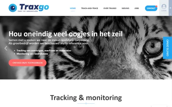 Startpagina van Traxgo (traxgo.be), vastgelegd op 21 oktober 2026
