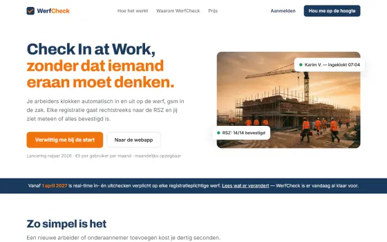 Startpagina van WerfCheck (werfcheck.be), vastgelegd op 21 oktober 2026
